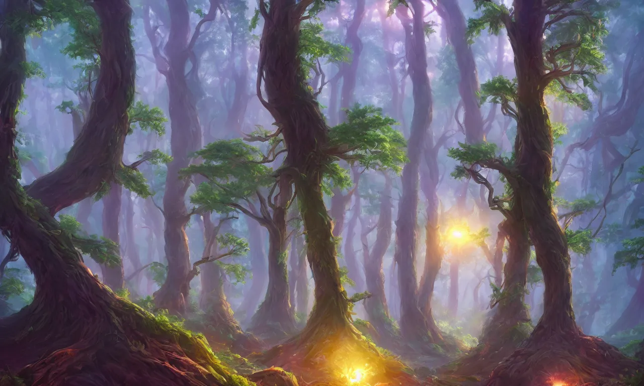 Prompt: Beautiful magical fir forest fabulous trees. Fir Forest landscape, sun rays illuminate the leaves and branches of trees. Magical summer forest, trending on artstation, 50mm, by Noah Bradley