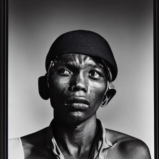 Prompt: A Kenyan-Filipino gas station worker in 3027, portrait, Taschen, by Annie Liebovitz, Robert Mapplethorpe, Hedi Slimane