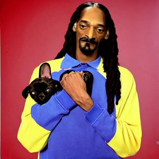 Image similar to Snoop Dogg crying while holding a puppy for a 1990s sitcom tv show, Studio Photograph, portrait, very sad C 12.0