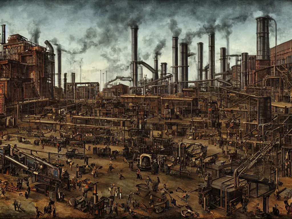 Prompt: industrial revolution outside factory