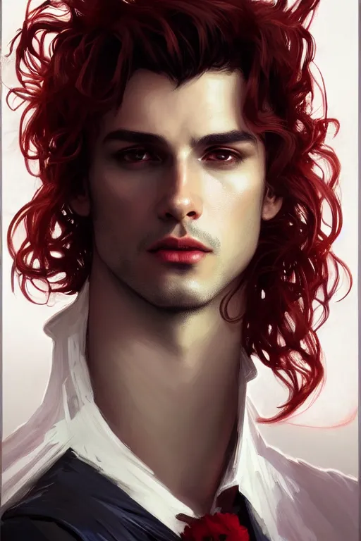 Image similar to portrait of a beautiful young fit male vampire with long curly hairs, dressed with expensive clothes, by greg rutkowski and alphonse mucha, d & d character, gradient white to red, modern nocturnal background, highly detailed portrait, digital painting, artstation, concept art, smooth, sharp focus ilustration, artstation hq