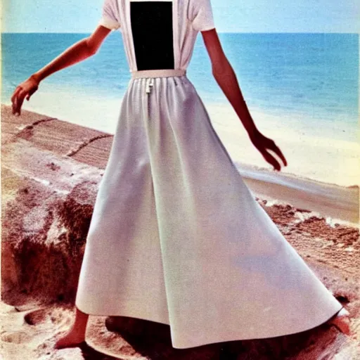 Prompt: 1 9 7 6 italia vogue magazine photo of a dress with cotton set, christian dior style, mediterranean beach background