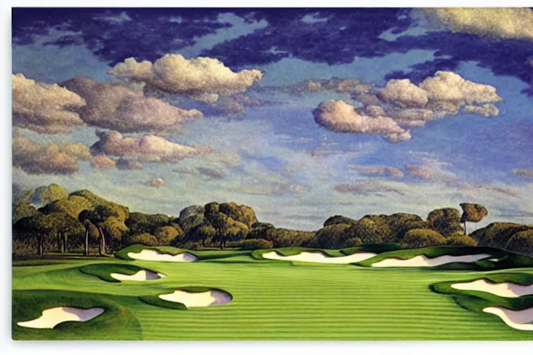 Prompt: Three golfers on a beautiful golf course, wonderous could formations in sky, by Diego Rivera