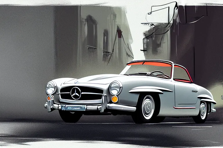 Prompt: 1 9 6 1 mercedes - benz 1 9 0 sl on a street, illustration by greg rutkowski