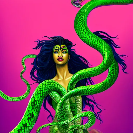 Image similar to Shanina Shaik as Medusa, snakes for hair, highly detailed, digital painting, artstation, concept art, smooth, sharp focus, illustration, art by Chris Achilleos, in the style of Medusa (1988) by Chris Achilleos.