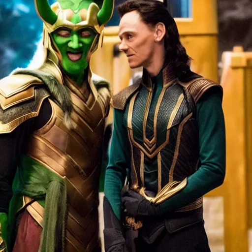 Image similar to Tom Hiddleston dressed as his character Loki and flirting with a skinny blonde woman wearing Mickey Mouse ears