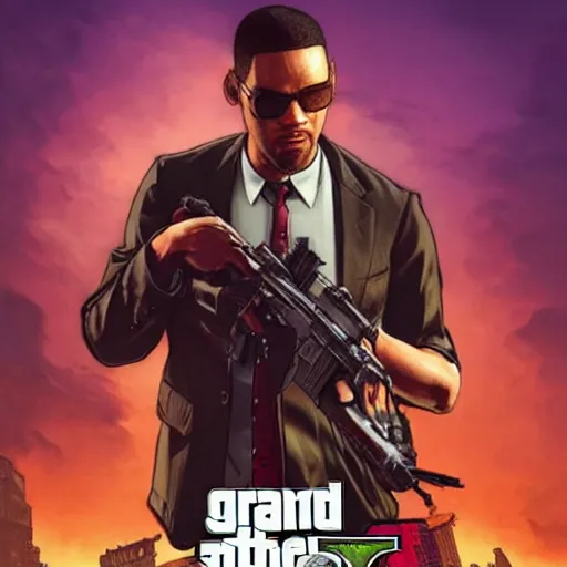 Prompt: GTA5, Cover Art, Grand Theft Auto Poster, Will Smith as a secret agent with sunglasses, D&D, fantasy, intricate, elegant, highly detailed, digital painting, artstation, concept art, matte, sharp focus, illustration, hearthstone, art by Artgerm and Greg Rutkowski