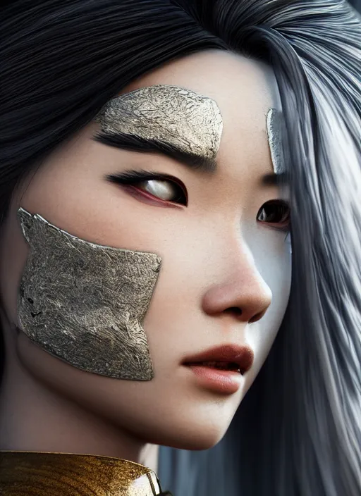 Image similar to Mulan wearing sculpted textured armor, close-up of the front of the face, super sophisticated texture, enhanced noise, by Guweiz and loish, split lighting, 4K resolution, symmetric, clear facial features, Unreal Engine 5,