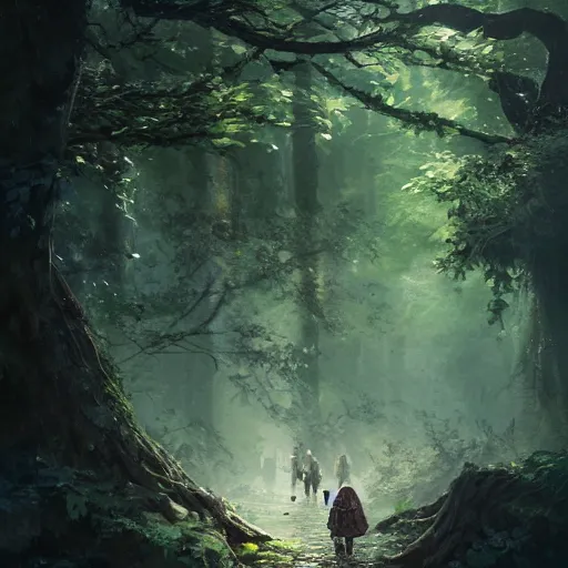 Image similar to tiny mushroom people walking by a stream in a lush forest, dramatic lighting, illustration by Greg rutkowski, yoji shinkawa, 4k, digital art, concept art, trending on artstation