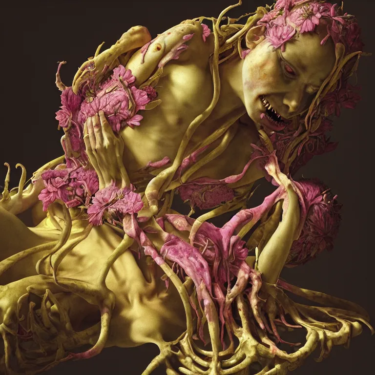 Image similar to still life of rotten flesh, beautiful pastel tropical alien flowers, human spine, colorful mold, baroque painting, beautiful detailed intricate insanely detailed octane render, 8K artistic photography, photorealistic, chiaroscuro, Raphael, Caravaggio