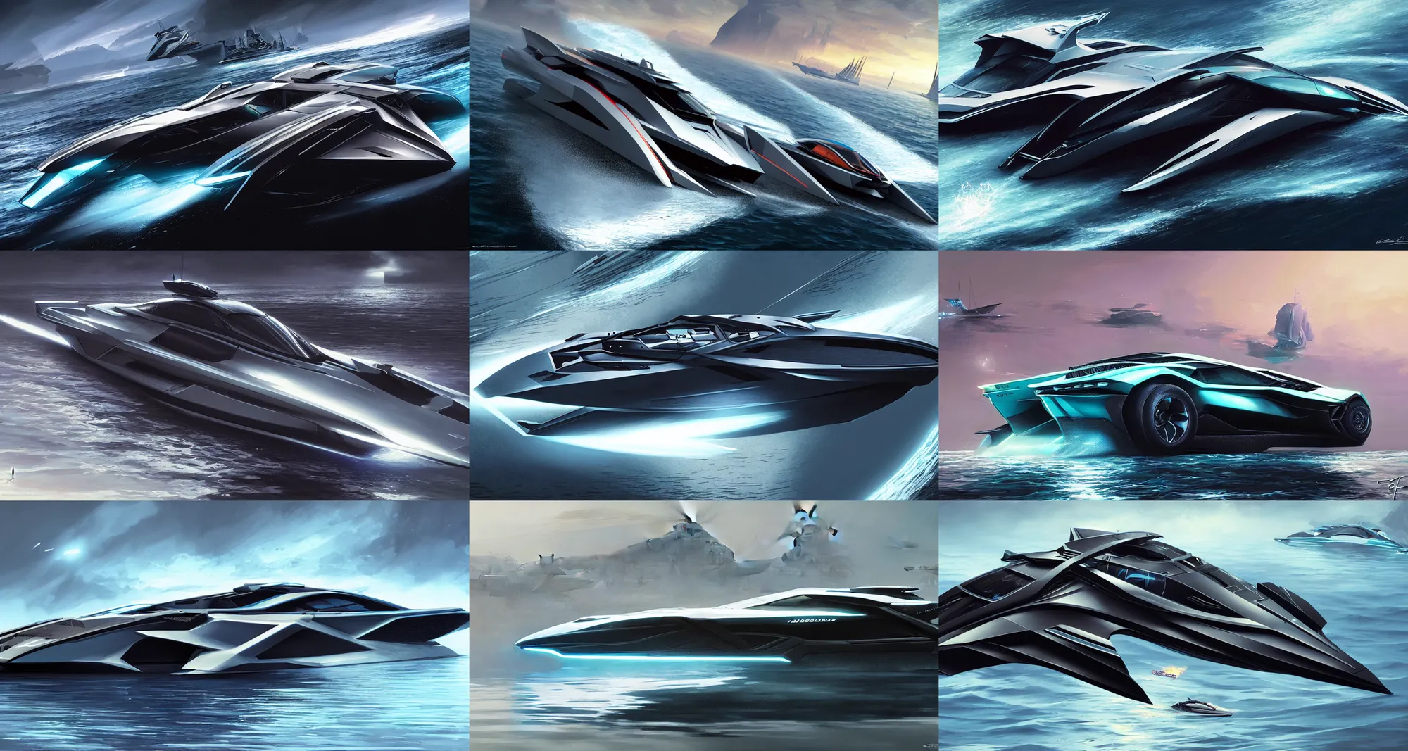 Prompt: a speedy lamborghini yacht , concept boat, ultra realistic, sci-fi, fantasy, intricate, highly detailed, digital painting, artstation, CGSociety, glow lighting, concept art, smooth, sharp focus, illustration, art by greg rutkowski and syd mead