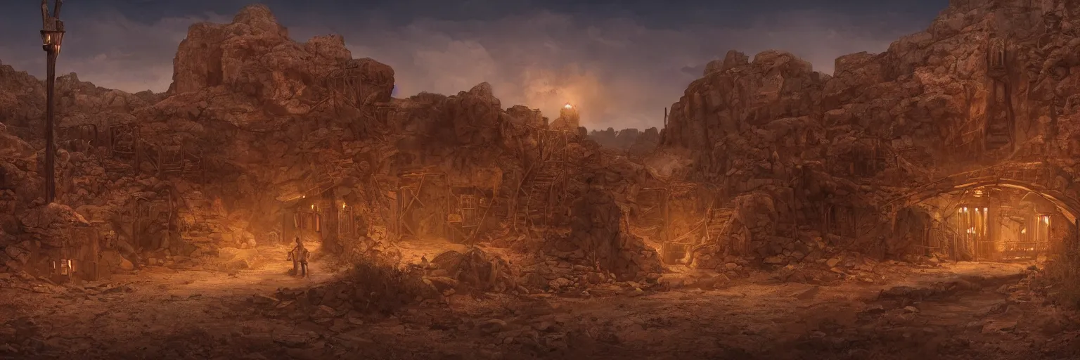 Image similar to an old mine entrances lit by toches in an ancient old wild West town, arizona desert, Dynamic lighting, cinematic, establishing shot, extremely high detail, photo realistic, cinematic lighting, , post processed denoised, concept design, concept art, artstation, matte painting, midjourney, style by alex ross, raphael lacoste, eddie mendoza