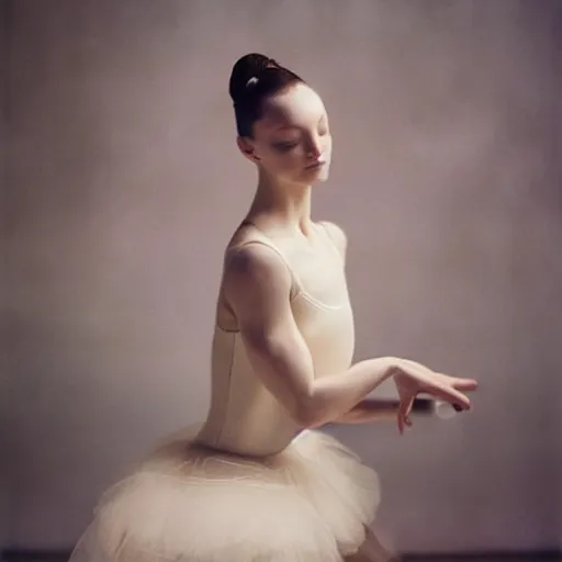 Image similar to portrait of a ballerina with a beautiful porcelain face, cinematic light and reflections, beautiful dreamy lighting, photographed by annie leibovitz,