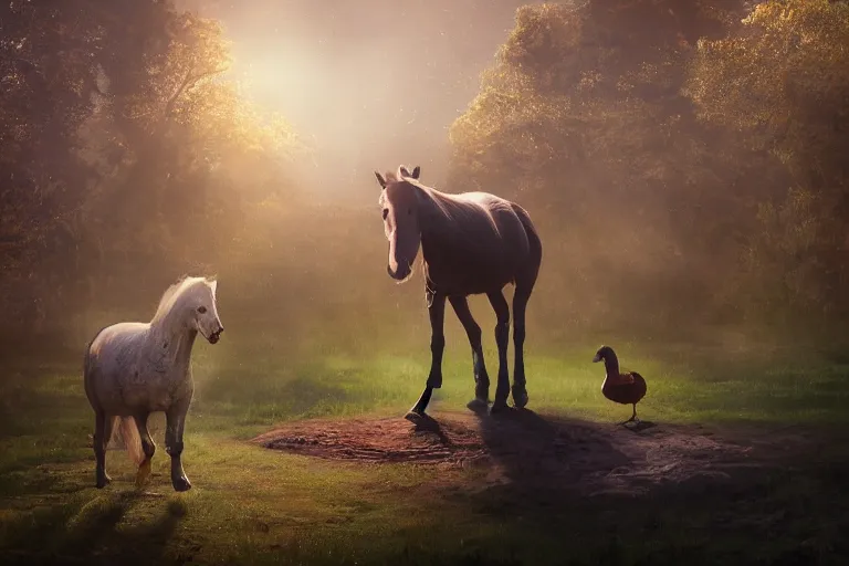 Prompt: a tiny horse standing next to an extremely large duck, the duck is bigger than the horse, evening light, cinematic photography, digital painting, volumetric light, concept art, trending on artstation, digital Art, fantasy art