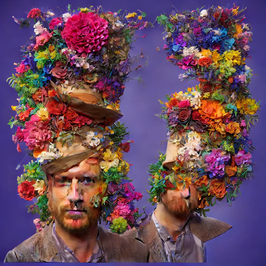 Image similar to a raytraced image album cover of a man with a strange hat on his head, behance contest winner, award winning, masterpiece, pop surrealism, made of flowers, surrealist