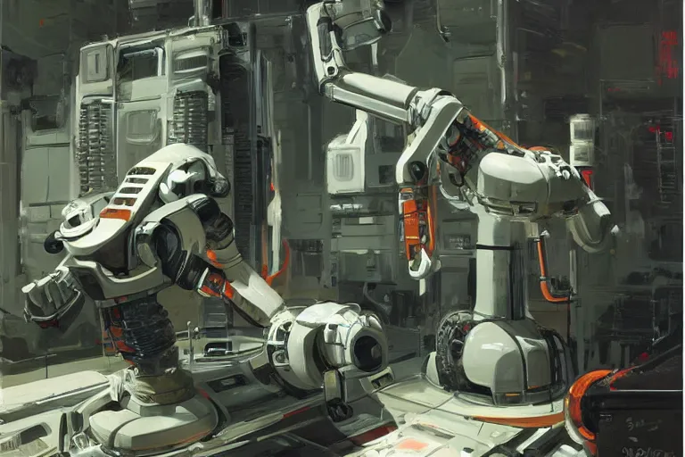 Image similar to natural landscape | robot repairing another robot, painting by syd mead, highly detailed, rule of third, soft lighting, 8 k resolution, oil on canvas, architectural magazine, beautiful detailed, insanely intricate details, artstation trending, hypermaximalistic, high details, cinematic