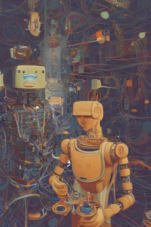 Prompt: a boy fixing his robot, ((by Victo Ngai)) and by Lohmuller Gyuri, high angle, oil on canvas