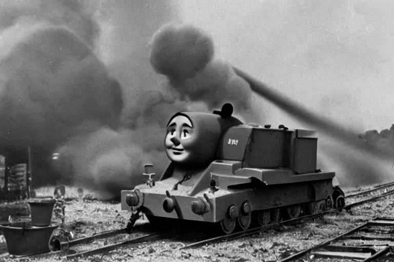 Image similar to WW2 era photograph, the face of Thomas the tank engine attached to a 800mm German super-heavy-mortar with a huge gun barrel firing a shot upwards, there are german soldiers running around, grainy, high detail