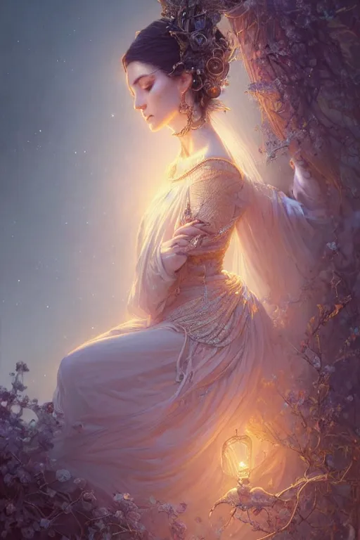 Image similar to highly detailed portrait of beautiful ethereal woman in ornate clothing, stephen bliss, unreal engine, fantasy art by greg rutkowski, loish, rhads, ferdinand knab, makoto shinkai and lois van baarle, ilya kuvshinov, rossdraws, tom bagshaw, global illumination, radiant light, detailed and intricate environment