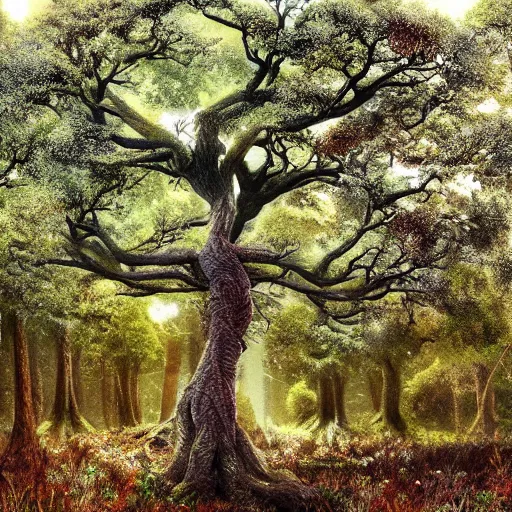 Prompt: fabulous, mighty, spectacular tree in a thickly vegetated forest, fantasy, dreamlike sunraise, ultra realistic, ultra detailed