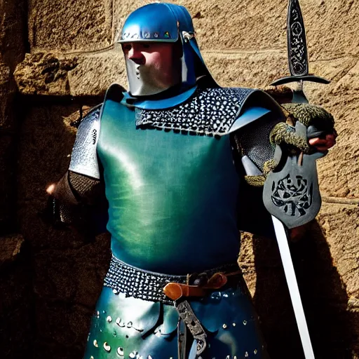 Prompt: an olive skinned, fierce, medieval stout knight with a blue tunic over chainmail, green pants with a black leather belt and a coin pouch, holding a blue kite shield with fleur - de - lis symbols, holding a short sword in a gladiator battle, game of thrones, realistic, photograph by fred r conrad / new york times