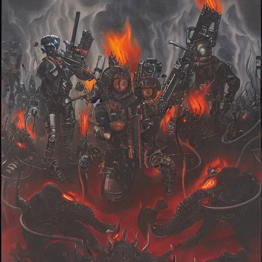 Prompt: tactical team in hell, by gerald brom