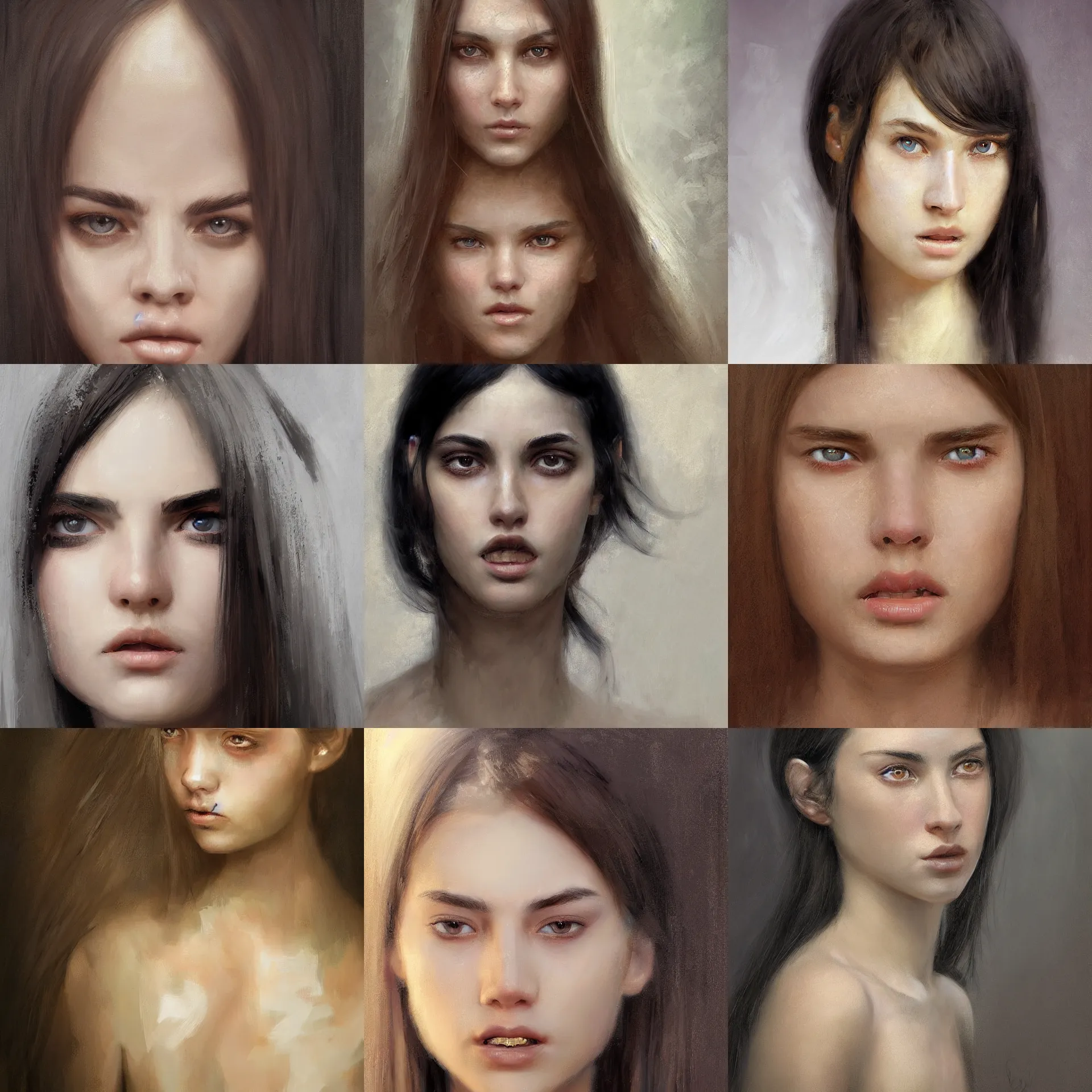 Prompt: digital art portrait painting of a 2 0 years old white skin young woman, long free black straight hair, thick eyebrows, very small eyes, small straight nose, strong defined jaw, brown eyes, painted by craig mullins and gaston bussiere and greg rutkowski, symmetrical facial features, symmetrical face, defined facial features, beautiful face, dramatic lighting