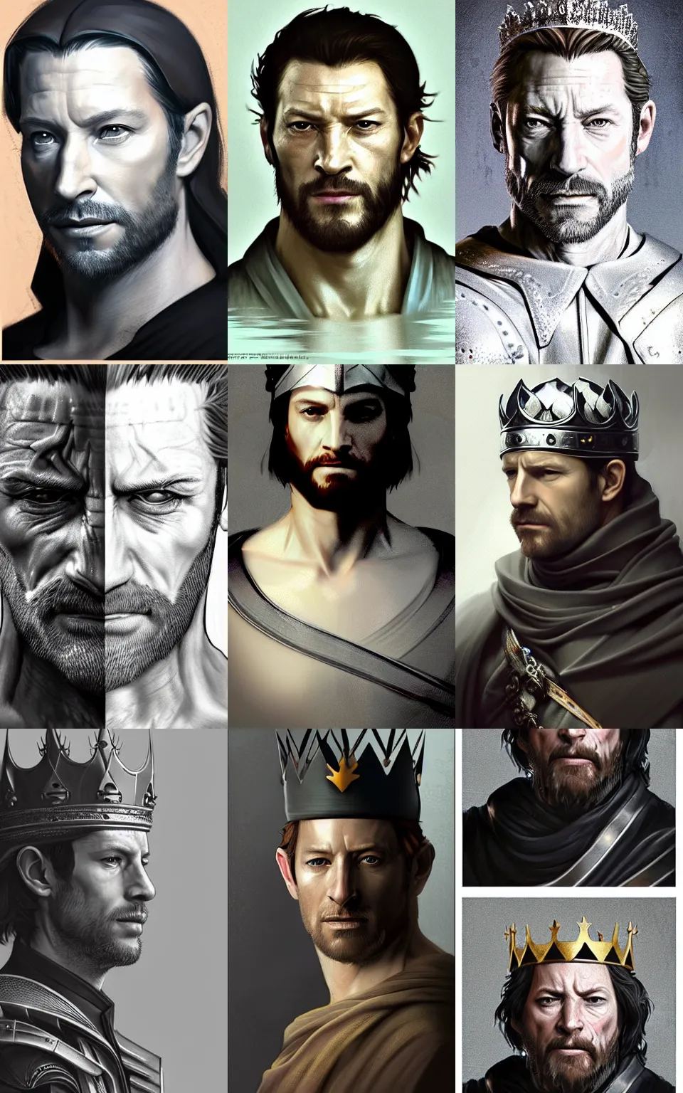 Prompt: character concept portrait of majestic Ian Bohen as a dignified medieval king, simple silver crown, digital painting, concept art, smooth, sharp focus, illustration, from Metal Gear, by Ruan Jia and Mandy Jurgens and William-Adolphe Bouguereau, Artgerm