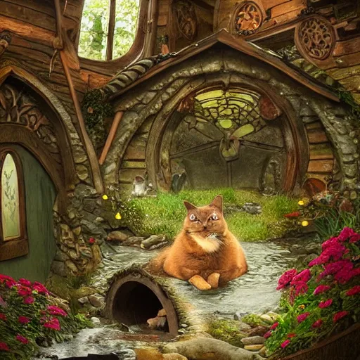 Image similar to cat in medieval hobbit house, ornate, beautiful, atmosphere, vibe, mist, smoke, fire, chimney, rain, wet, pristine, puddles, melting, dripping, snow, creek, lush, ice, bridge, forest, roses, flowers, by stanley artgerm lau, greg rutkowski, thomas kindkade, alphonse mucha, loish, norman rockwell