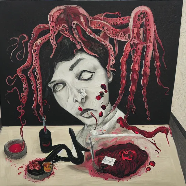 Image similar to empty room with black walls, a portrait of a female pathologist holding an octopus, intravenous drip, wilted flowers, pomegranate, berry juice dripping, neo - expressionism, surrealism, acrylic and spray paint and oilstick on canvas