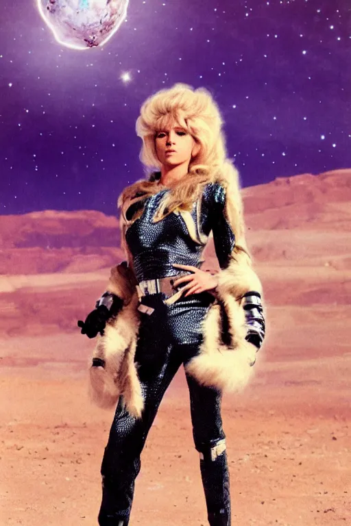 Prompt: barbarella fluffy blonde hair, wearing full space clothes on the sci fi desert with cosmic sky