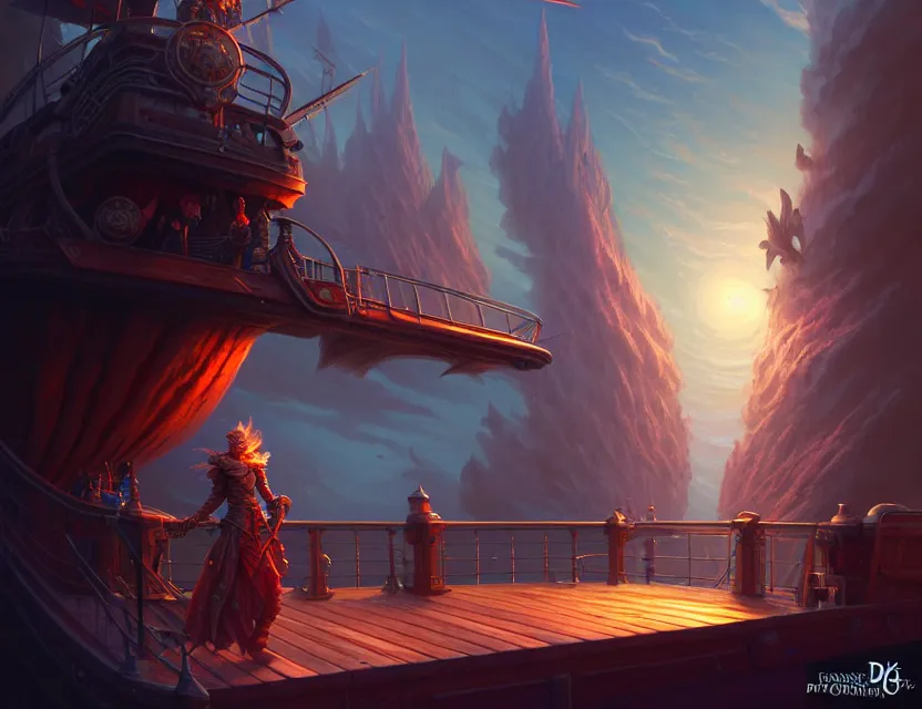 Image similar to standing upon the deck of the flying ship, d & d fantasy art, artstation contest winner, beautiful digital painting in the style of dan mumford, art by kev chan, volumetric lighting, concept art, speedpainting, fantasypunk, deep colors, cgsociety, by art germ, by gerald brom, by peter mohrbacher