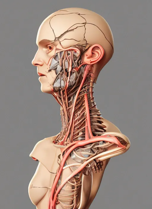 Image similar to an orthographic bust sculpture of anatomical female detailed cyborg, veins, mechanical parts, studio lighting by Wes Anderson