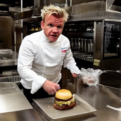 Image similar to Gordon Ramsay as a Burger king worker