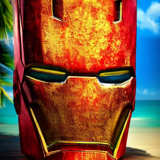 Prompt: a closeup photorealistic photograph of an iron man style tiki mug at a trader vic's beach bar featuring the face of iron man. tiki party. bright scene. fine detail. this 4 k hd image is trending on artstation, featured on behance, well - rendered, extra crisp, features intricate detail, epic composition and the style of unreal engine.