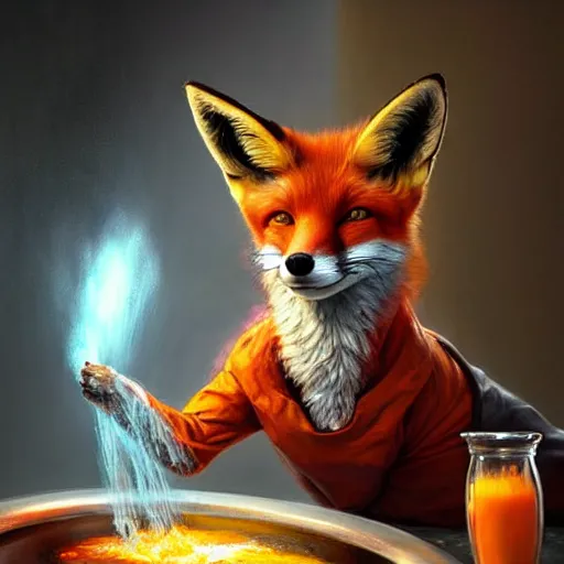 Prompt: a fox mixing chemicals in a kitchen, portrait, fantasy, beautiful face, vivid colors, elegant, concept art, sharp focus, digital art, Hyper-realistic, 4K, Unreal Engine, Highly Detailed, HD, Dramatic Lighting by Brom, trending on Artstation