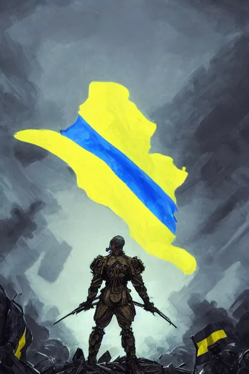 Image similar to a distant shot from behind of a Ukrainian super soldier with blue and yellow flag behind him standing alone on a huge pile of skulls as a winner, masculine muscular figure, D&D, fantasy, intricate, elegant, highly detailed, extremely detailed, digital painting, artstation, concept art, matte, sharp focus, symmetrical, illustration, art by Artgerm and Greg Rutkowski and Alphonse Mucha