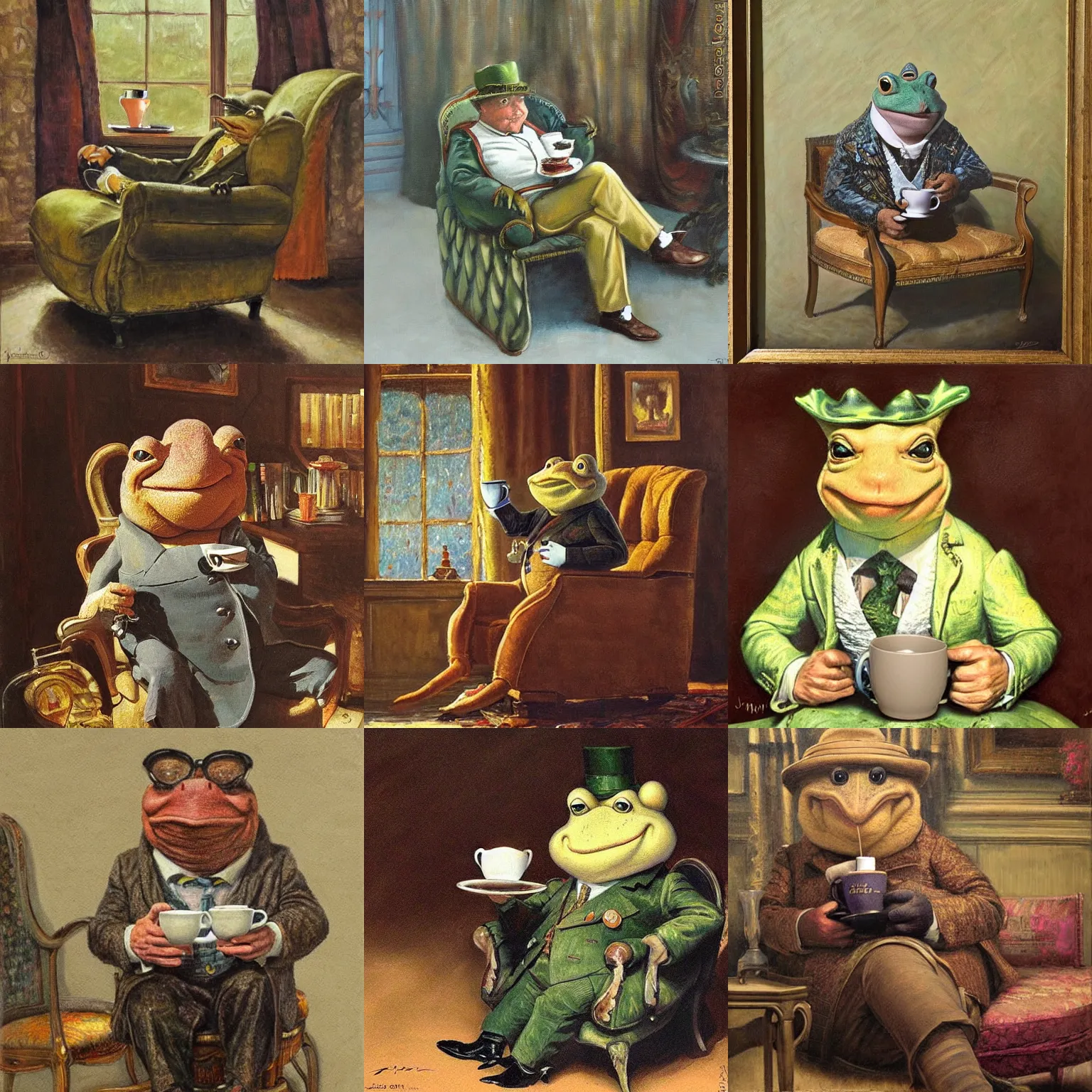 Prompt: Mr toad sipping a cup of coffee in an armchair. A detailed painting by James Gurney