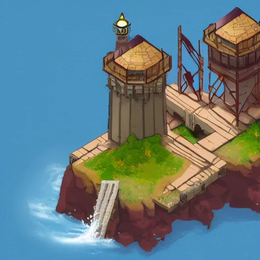 Image similar to side view of top down isometric video game, point and click style, on an island with a giant lighthouse, a drawbridge, and crew quarters with a cave underneath the island