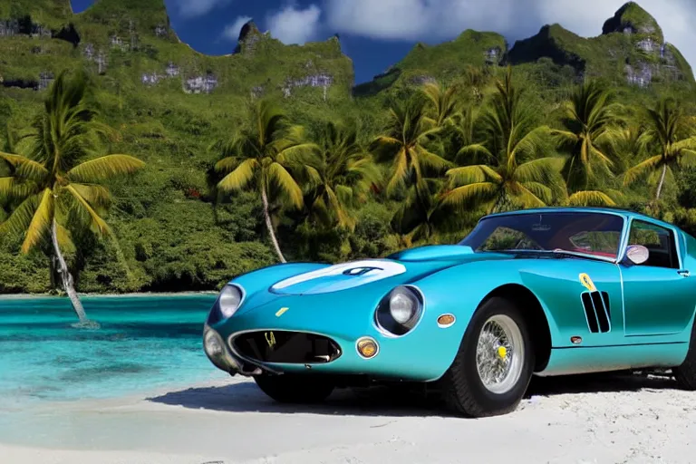 Image similar to cinematography of Ferrari 250 GTO series 2 in bora bora by Emmanuel Lubezki