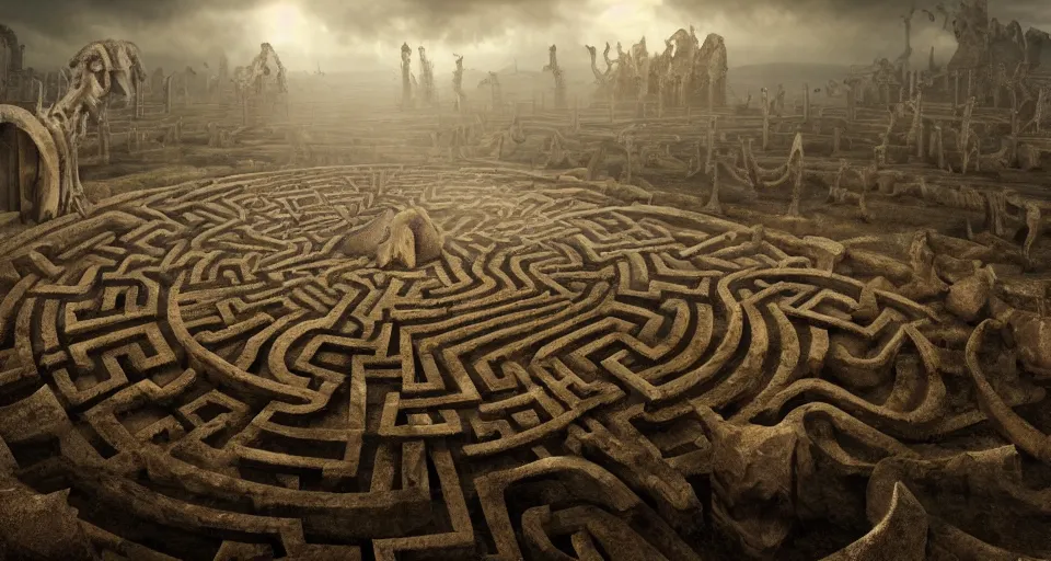 Prompt: circular bone labyrinth made out of gigantic monster bones, art deco medieval style, grimdark vibes, golden skeleton statue in center of labyrinth, abandoned vibes, gloomy moody clouds, god sun rays, complimentary color scheme, G liulian Art style, dynamic lighting, highly detailed, cinematic landscape, octane render, unreal engine