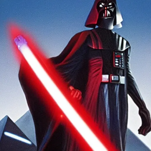 Image similar to morbius. morbius!!!!!!!!!! morbius. morbius holding a lightsaber. and darth vader, pyramids in background.