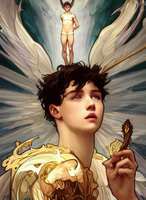 Image similar to digital character concept art by artgerm and greg rutkowski and alphonse mucha. portrait of a young fourteen year old boy, like a young god, icarus with wings, beautiful, holding a staff, detailed, poster art, light effect, glowing, hyper detail, intricate, elegant, digital painting, artstation, smooth, sharp focus