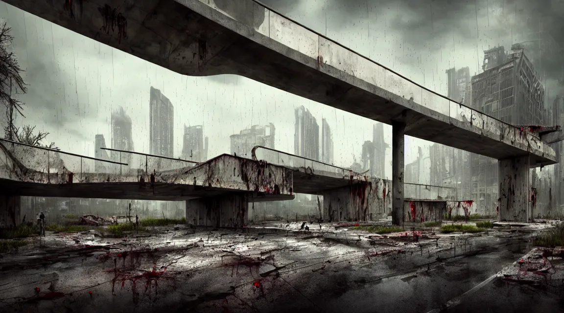 Image similar to post apocalyptic bridge, raining, building, avenue, modern contemporary urban americana concrete architecture, by pascal blanche, neil blevins, apocalyptic color palette, trending on artstation, photorealistic, wilderness ambiance, ultra detailed, high definition, depth of field, bokeh, rubble, wild vegetation, blood stains, building crumbling