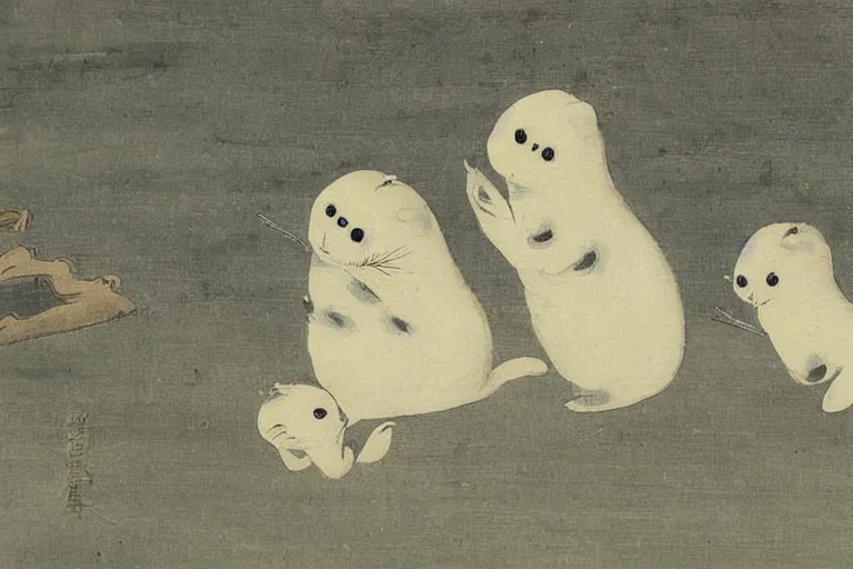 Image similar to baby harp seal demons, scary, Japanese painting, 1800s