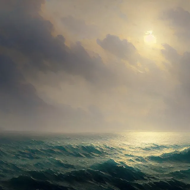 Image similar to a beautiful painting of the sea by ( ivan aivazovsky ) and sin jong hun and greg rutkowski and george varodi. in style of concept art. 4 k texture. ray tracing. sharp lines, hyper detailed. octane render. trending on artstation