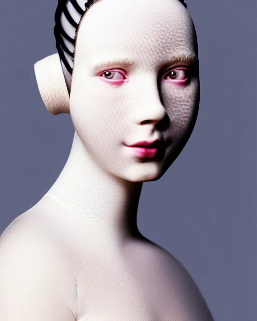 Prompt: portrait of a woman wearing a white embroidered translucent silicone mask and white pink frizzy hair buns, wearing a black bodysuit by alexander mcqueen, cream white background, soft diffused light, biotechnology, humanoide robot, bjork aesthetic, translucent, by rineke dijkstra, intricate details, highly detailed, masterpiece,