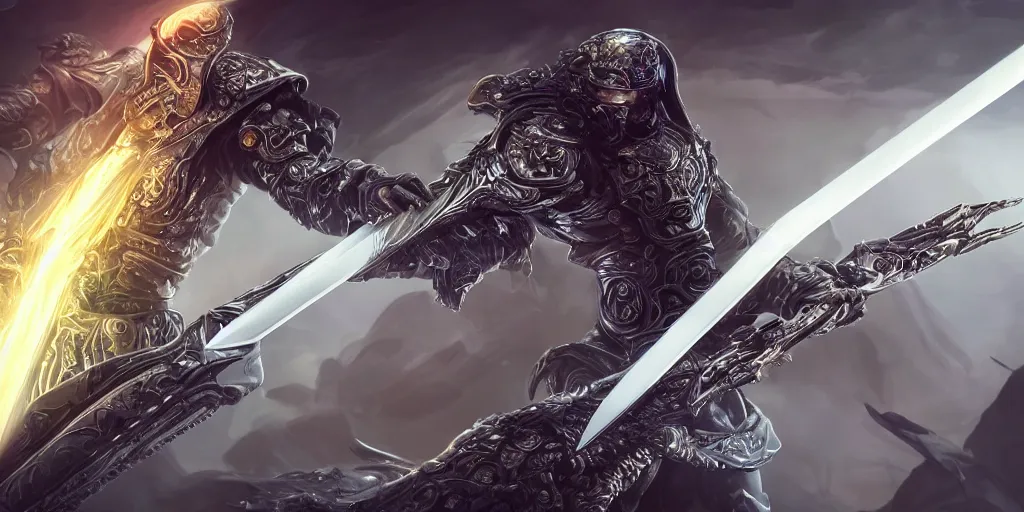 Image similar to legendary cybernetic full long sharp sword lying flat on a glowing table with a black and iridescent sword blade, digital award winning hd matte painting, intimate dark moody, intricate, ornate spikes, colorful gems on hilt, detailed realistic raytraced blade, future golden technological pommel, in the style of krenz cushart, deviantart