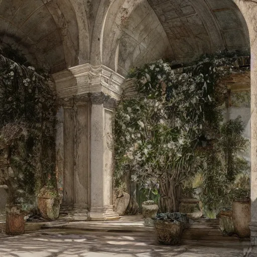 Image similar to delicate marble garden on paper, stony, puffy, botanical herbarium, botanic watercolors, iridescent, 8 k wide angle, realistic shaded, fine details, artstation, italian, colonnade, oak tree, pinecone, pomegranade, hydrangea, vines, gardena architecture, pompeii