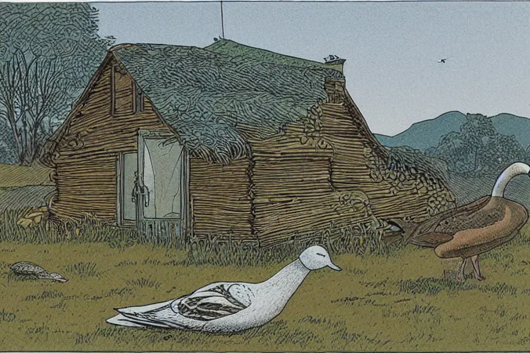 Image similar to country road cabin goose by moebius